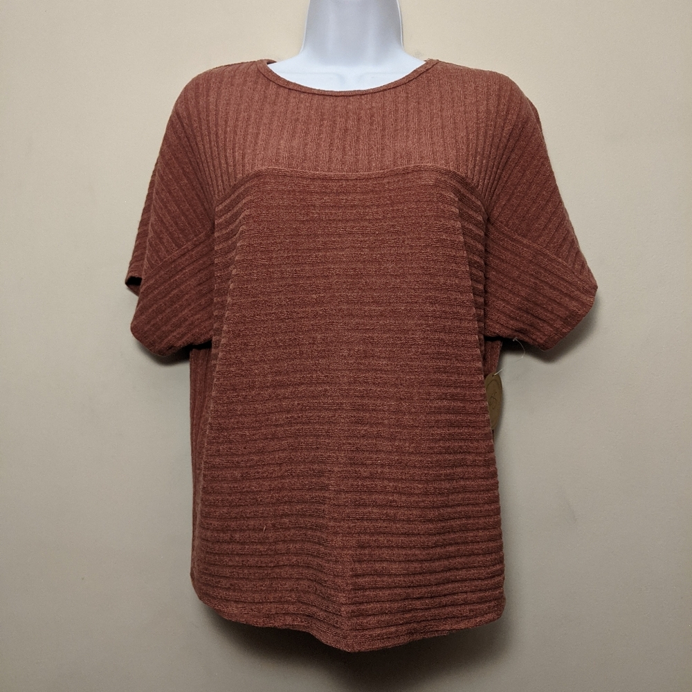 Parallel Skies Pink Short Sleeve Thin Stretch Sweater Ribbed Knit Top S New
